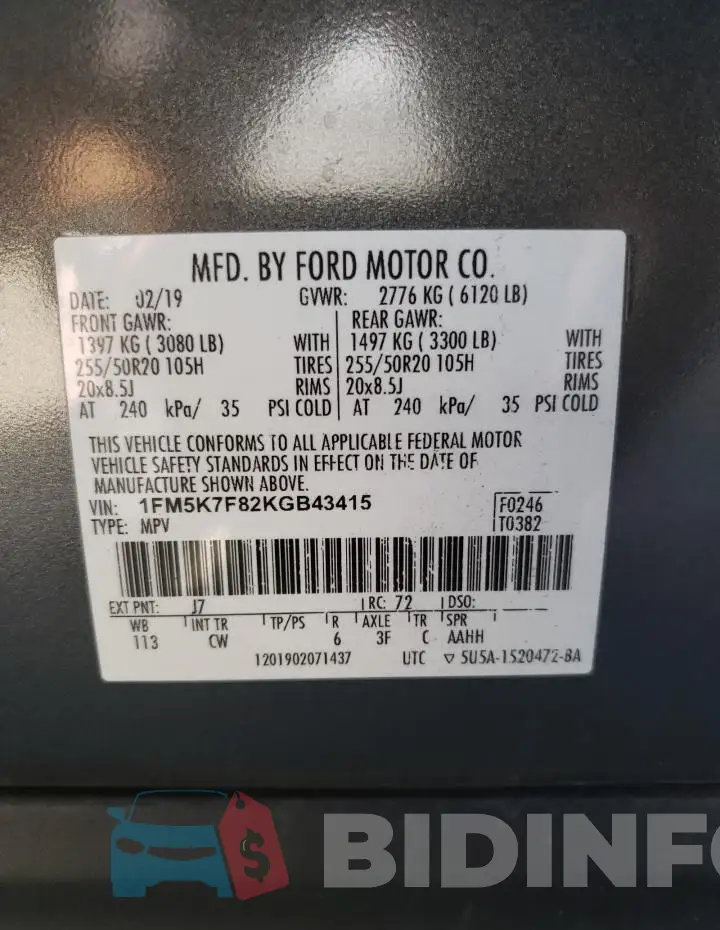 1FM5K7F82KGB43415 Photo# 14