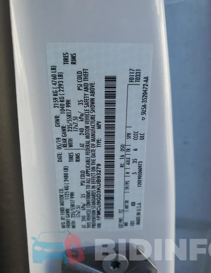 1FMCU9GD3KUB93279 Photo# 12