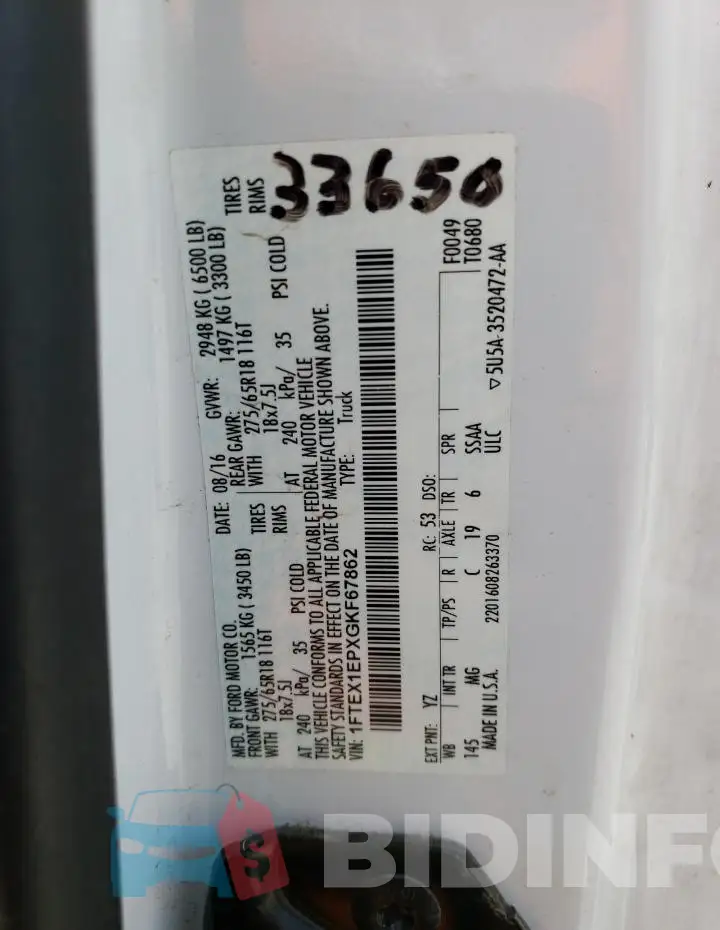 1FTEX1EPXGKF67862 Photo# 12