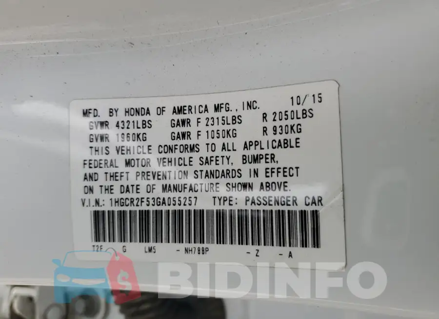 1HGCR2F53GA055257 Photo# 12