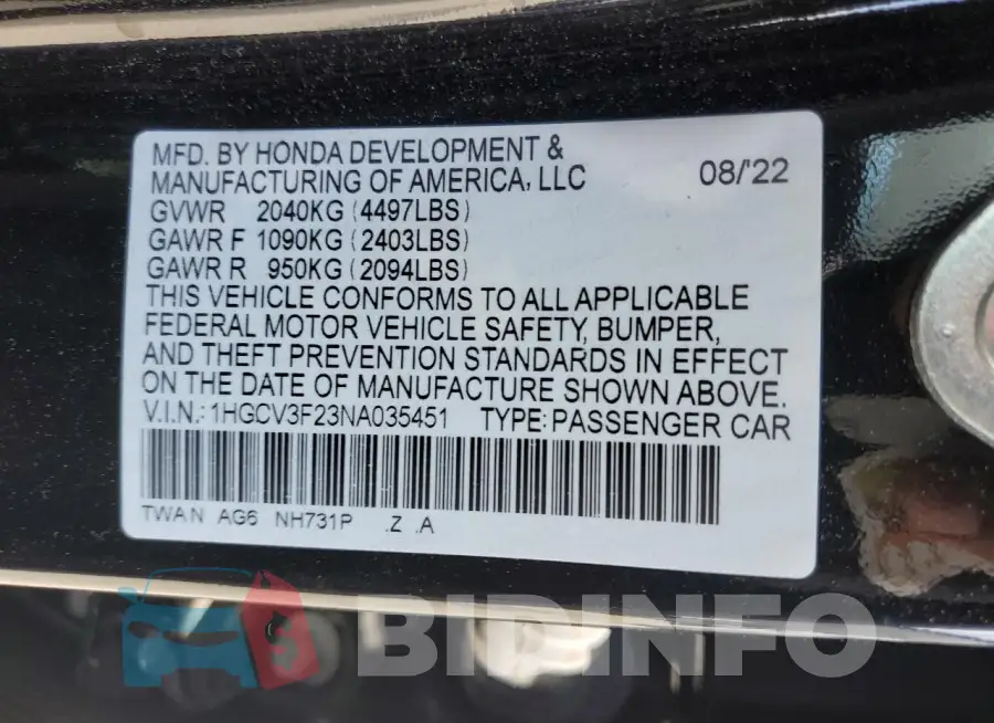 1HGCV3F23NA035451 Photo# 12