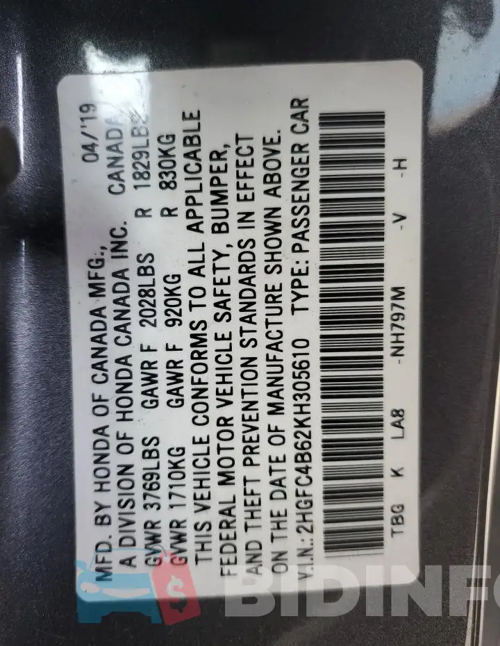 2HGFC4B62KH305610 Photo# 13