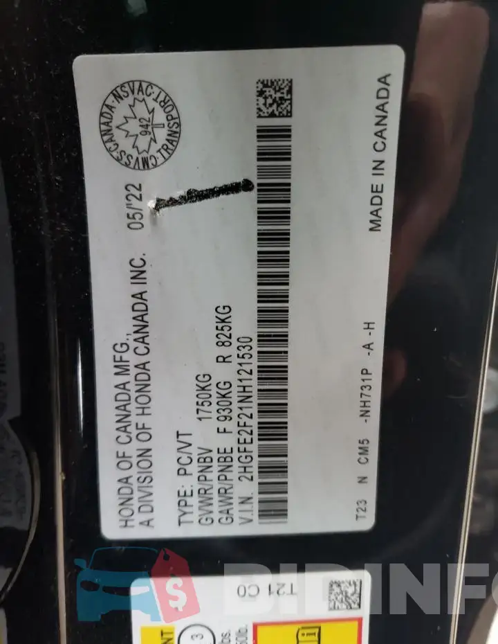 2HGFE2F21NH121530 Photo# 13