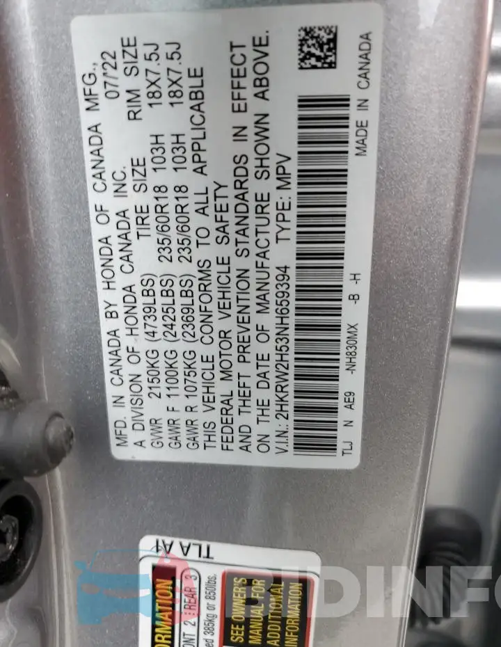 2HKRW2H53NH659394 Photo# 13