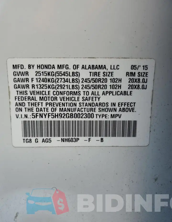 5FNYF5H92GB002300 Photo# 14