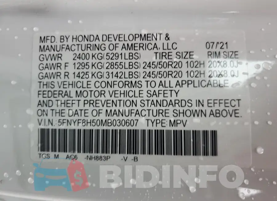5FNYF8H50MB030607 Photo# 13