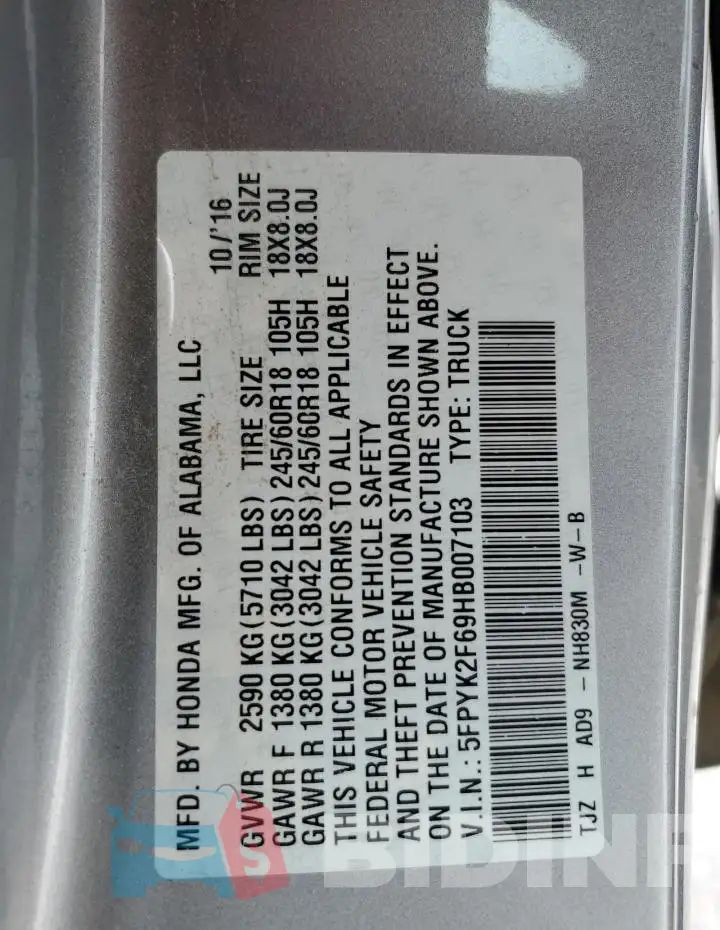 5FPYK2F69HB007103 Photo# 12