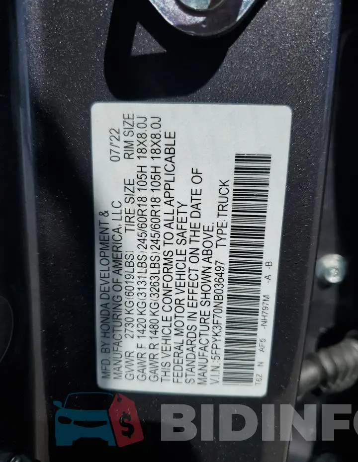5FPYK3F70NB036497 Photo# 12