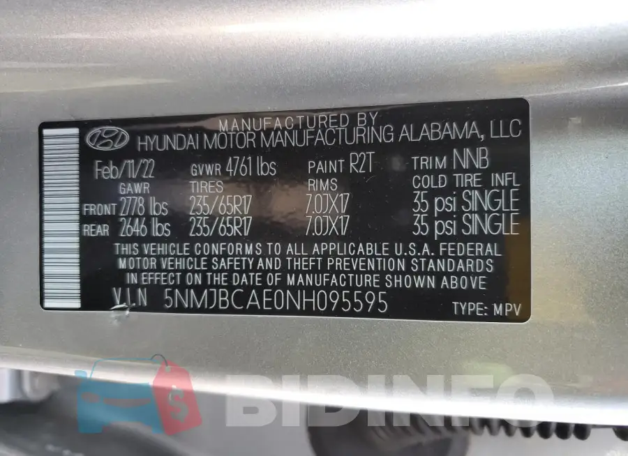5NMJBCAE0NH095595 Photo# 12