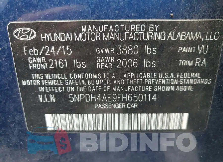 5NPDH4AE9FH650114 Photo# 12