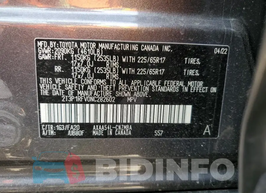 2T3P1RFV0NC282602 Photo# 14