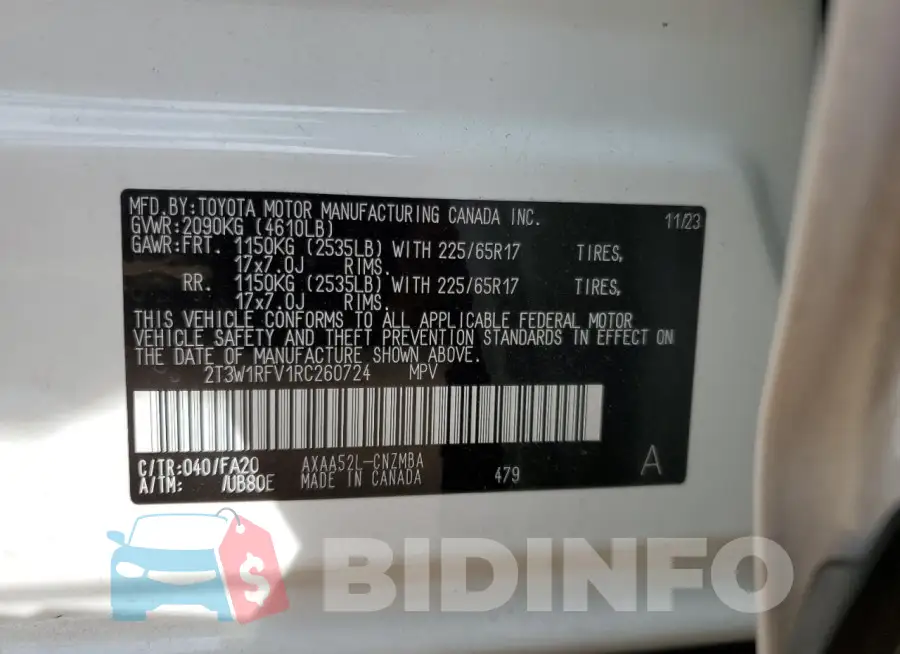 2T3W1RFV1RC260724 Photo# 12