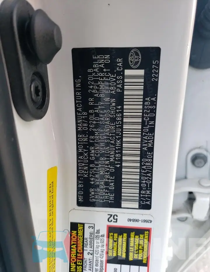 4T1B11HK1JU158614 Photo# 13