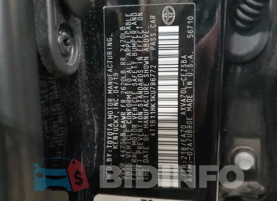 4T1B11HK1KU786772 Photo# 12