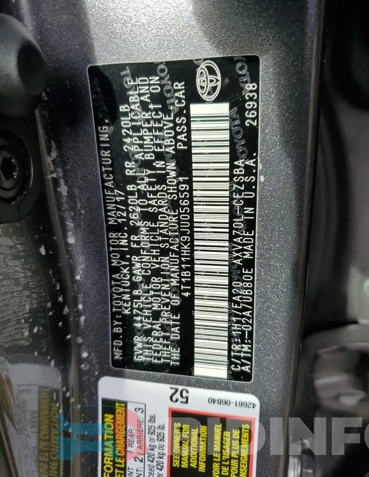 4T1B11HK9JU056591 Photo# 12