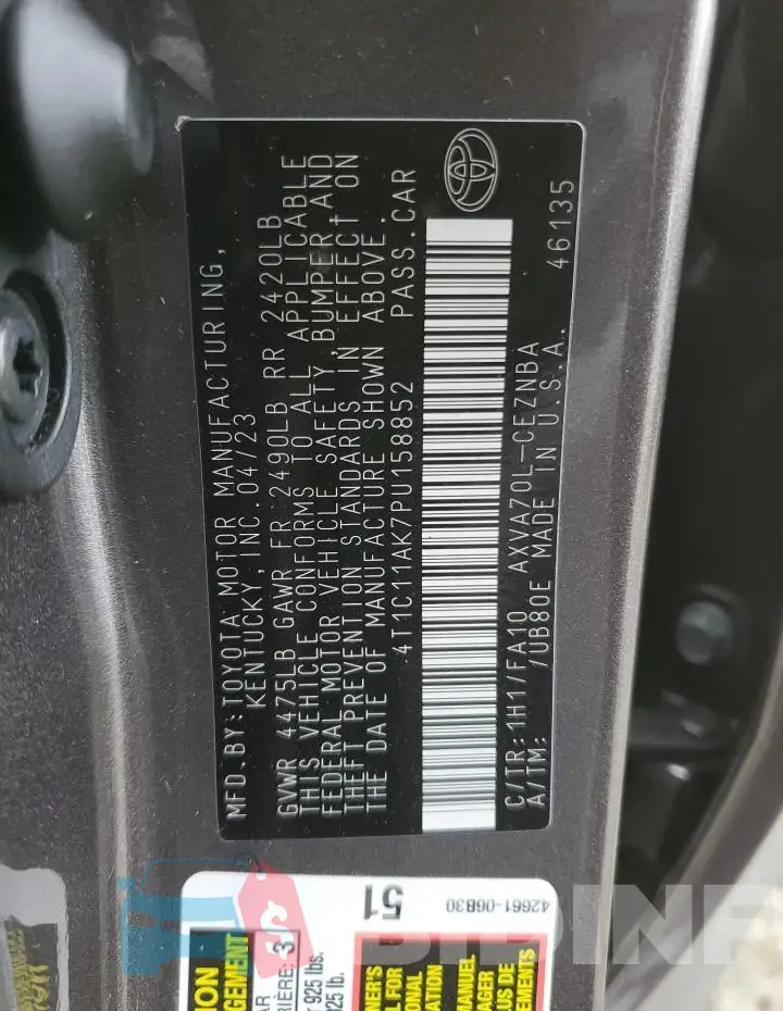 4T1C11AK7PU158852 Photo# 12