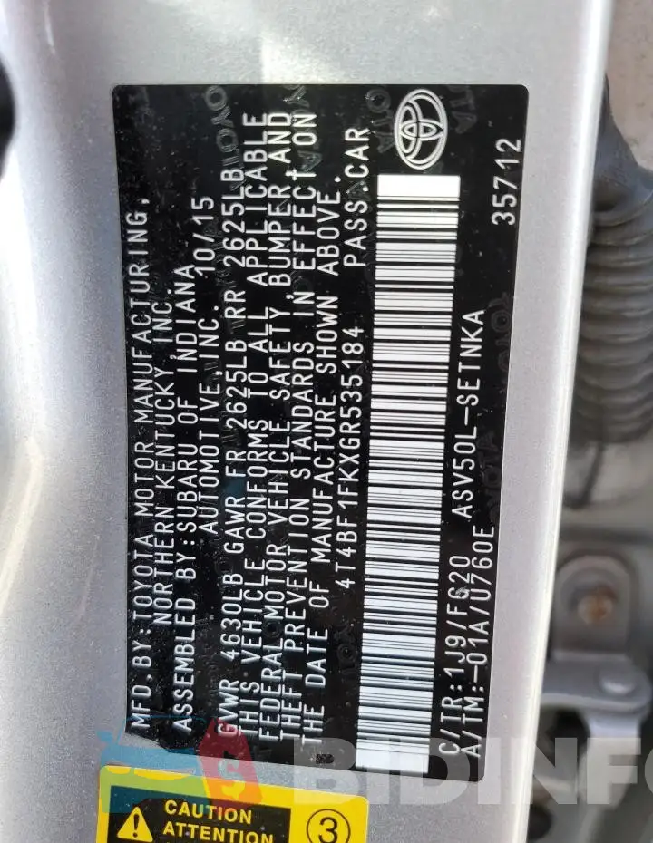 4T4BF1FKXGR535184 Photo# 12