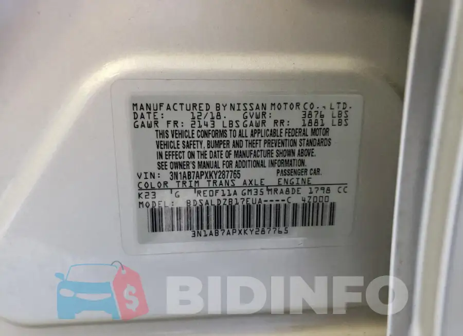 3N1AB7APXKY287765 Photo# 13