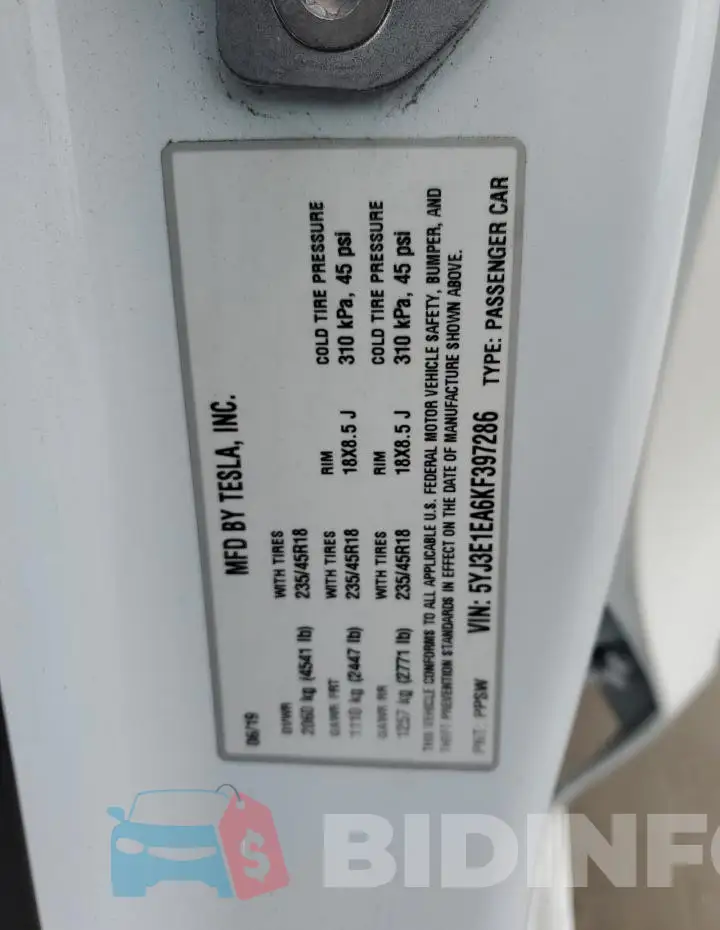 5YJ3E1EA6KF397286 Photo# 12