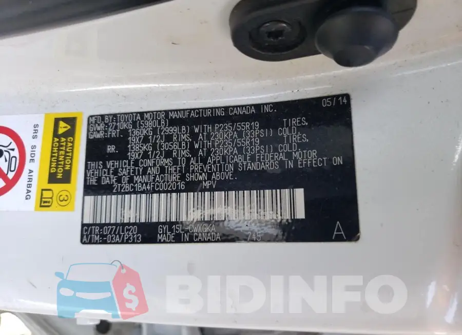 2T2BC1BA4FC002016 Photo# 14
