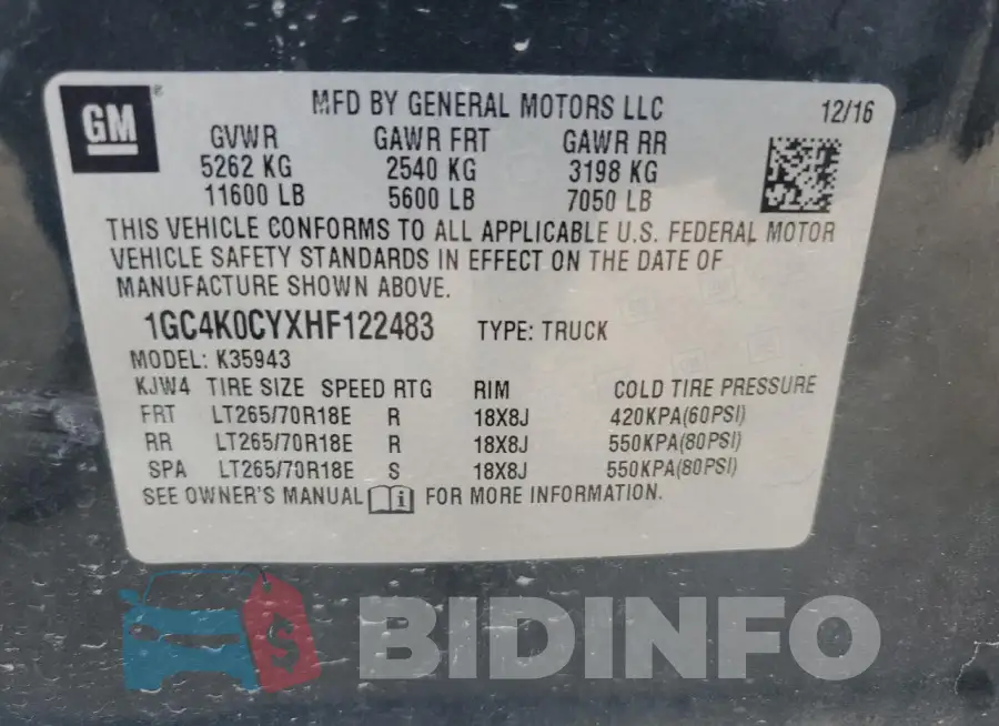 1GC4K0CYXHF122483 Photo# 13