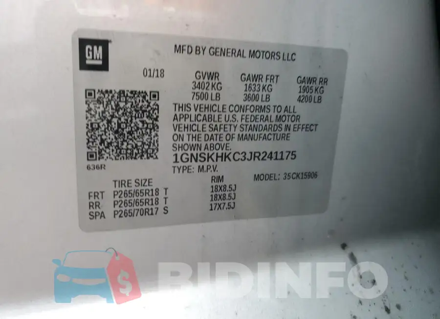 1GNSKHKC3JR241175 Photo# 14