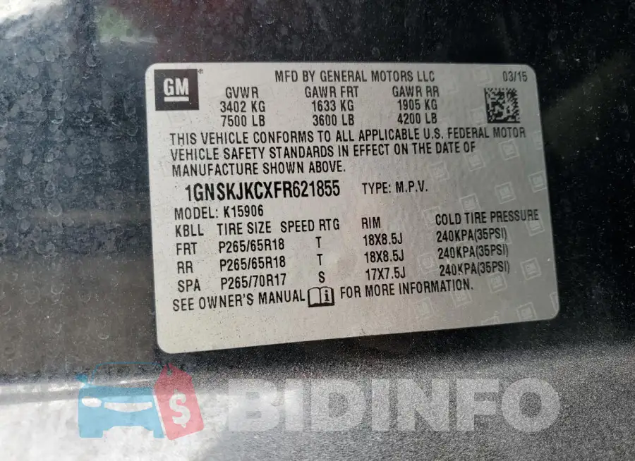 1GNSKJKCXFR621855 Photo# 13
