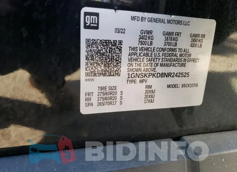 1GNSKPKD8NR242525 Photo# 13