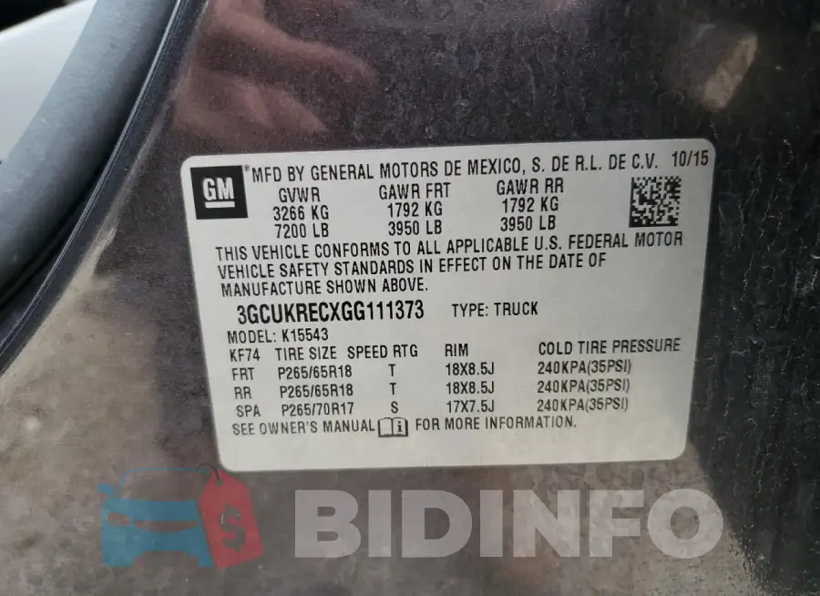 3GCUKRECXGG111373 Photo# 13