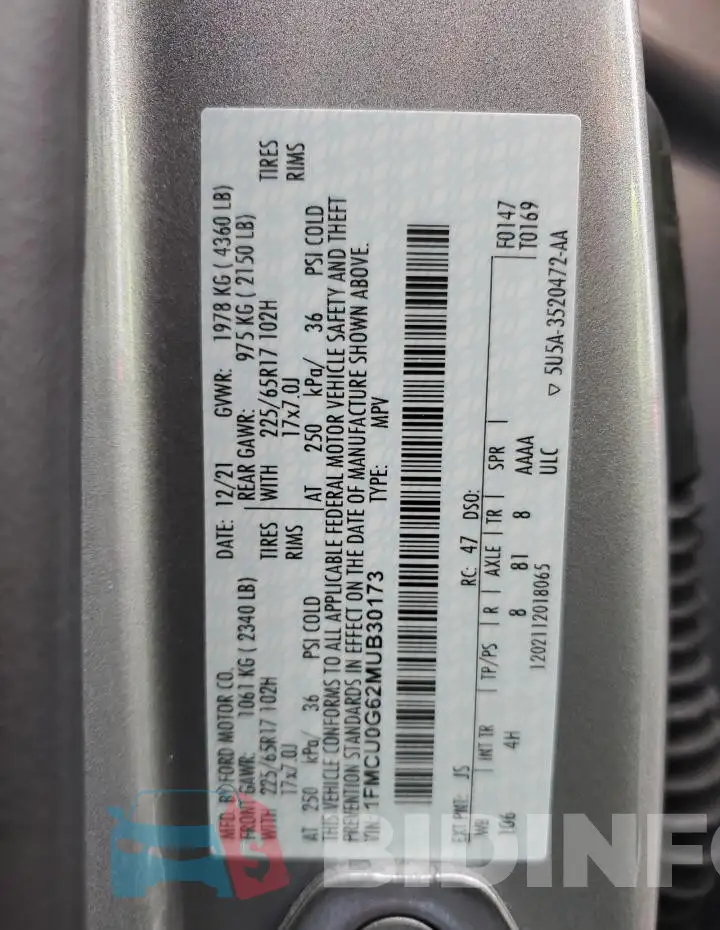 1FMCU0G62MUB30173 Photo# 12