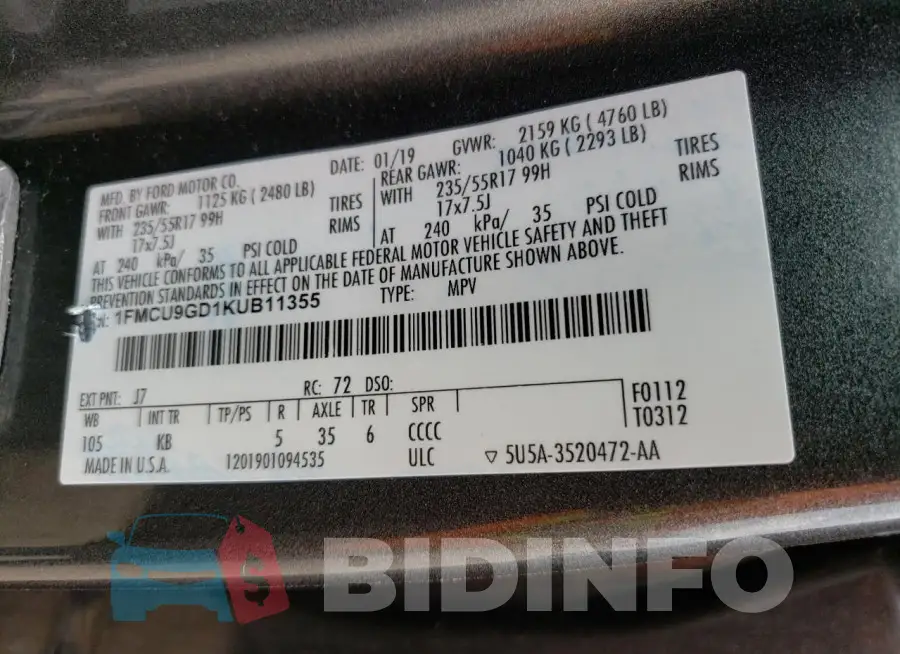 1FMCU9GD1KUB11355 Photo# 13