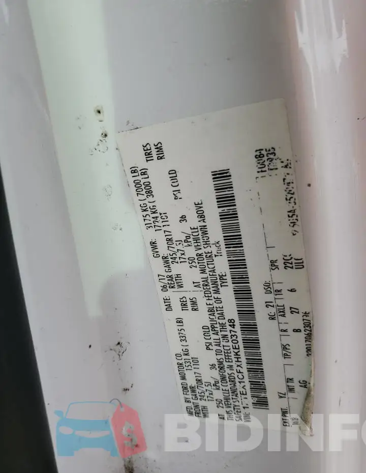 1FTEX1CFXHKE03748 Photo# 12