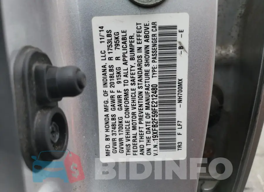 19XFB2F59FE212480 Photo# 12