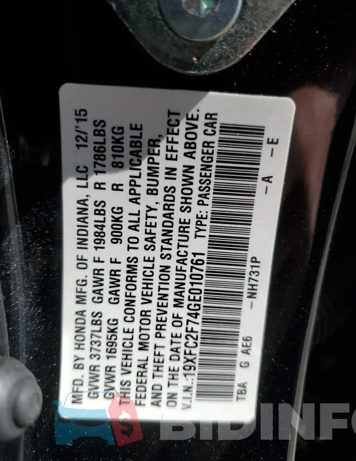 19XFC2F74GE010761 Photo# 13