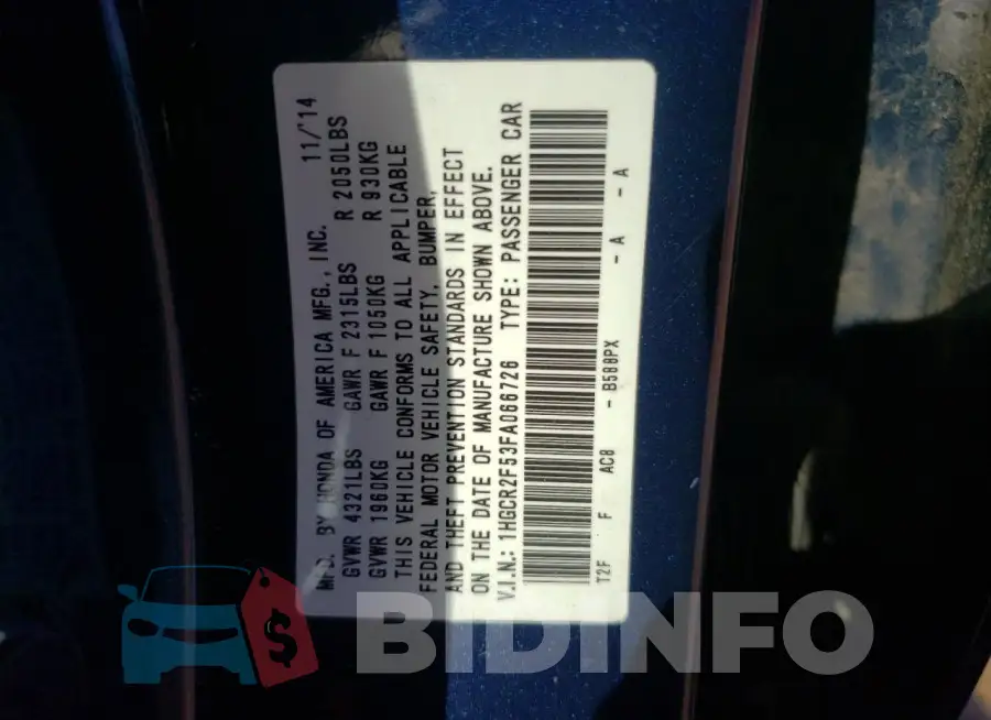 1HGCR2F53FA066726 Photo# 12