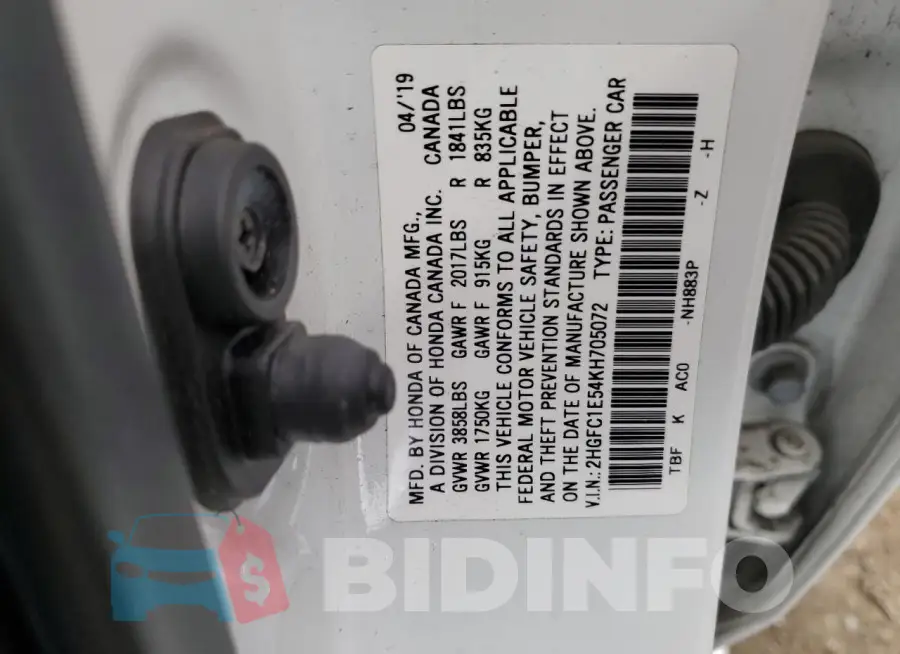 2HGFC1E54KH705072 Photo# 12