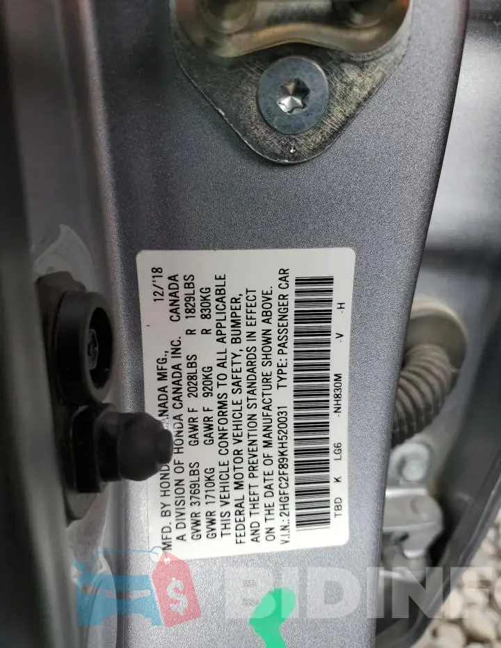 2HGFC2F89KH520031 Photo# 13