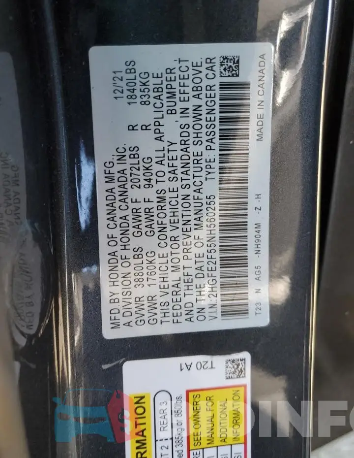 2HGFE2F55NH560255 Photo# 12