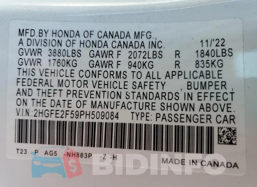 2HGFE2F59PH509084 Photo# 12