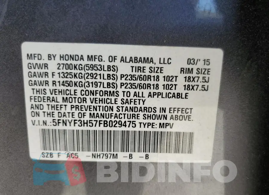 5FNYF3H57FB029475 Photo# 13