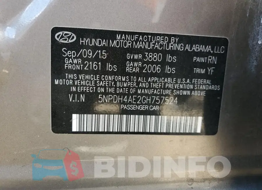 5NPDH4AE2GH757524 Photo# 12