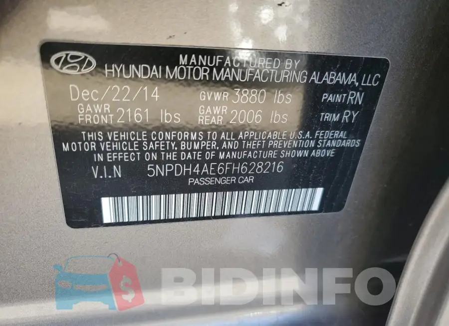 5NPDH4AE6FH628216 Photo# 12