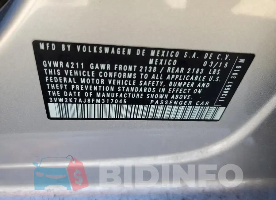 3VW2K7AJ8FM317045 Photo# 12