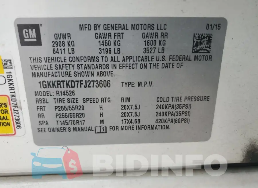 1GKKRTKD7FJ273606 Photo# 13