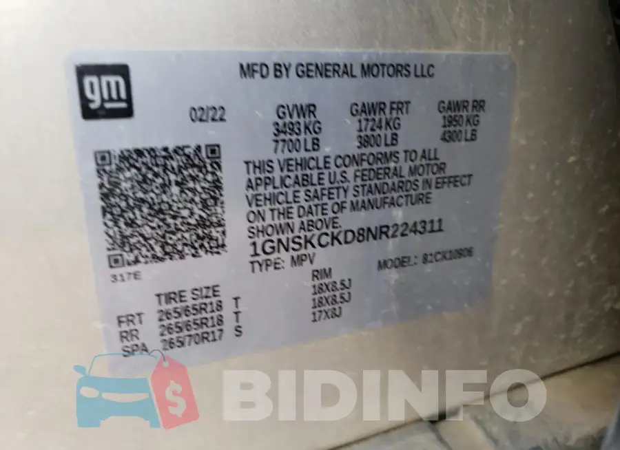 1GNSKCKD8NR224311 Photo# 12