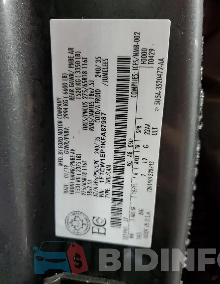 1FTEW1EP1KFA87987 Photo# 12