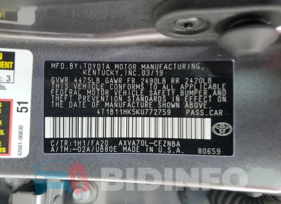 4T1B11HK5KU772759 Photo# 13