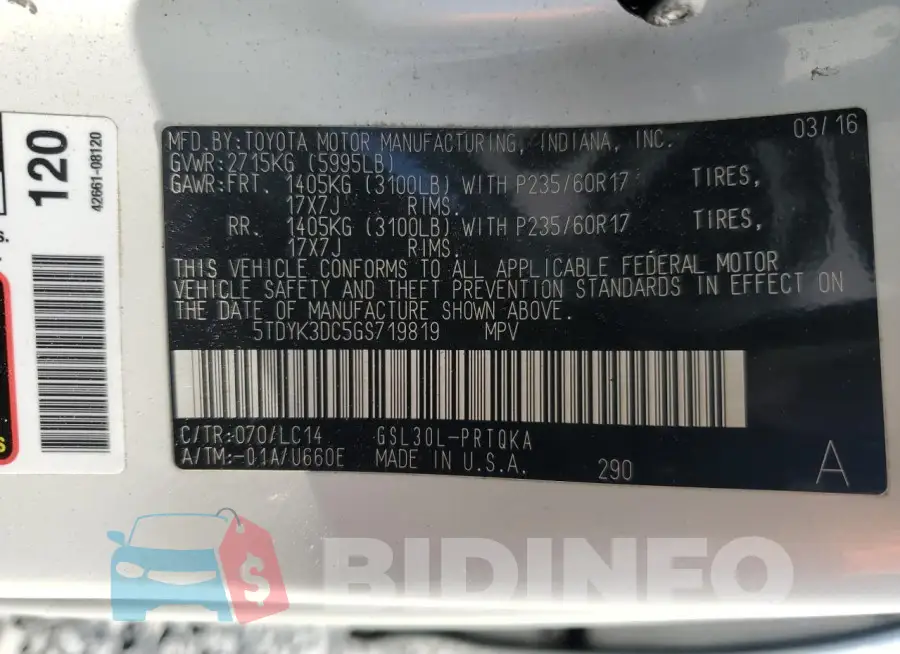 5TDYK3DC5GS719819 Photo# 13