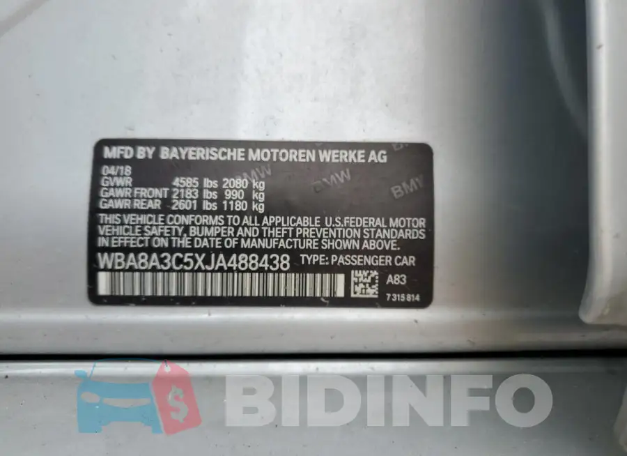 WBA8A3C5XJA488438 Photo# 13