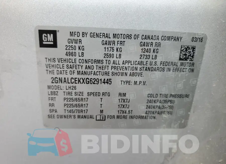 2GNALCEKXG6291445 Photo# 13